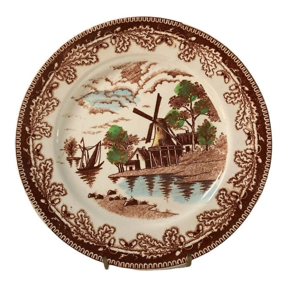 Vintage Salad Plate  Ironstone Transfer Ware Windmill Scene Japan Brown & Green